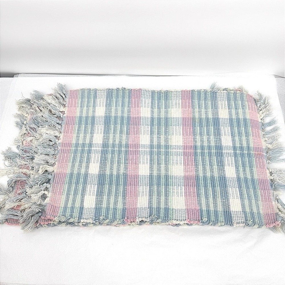 Woven Rag Rug Placemats Pastel Spring Plaid Fringe Cotton Set of 5 Table Decor